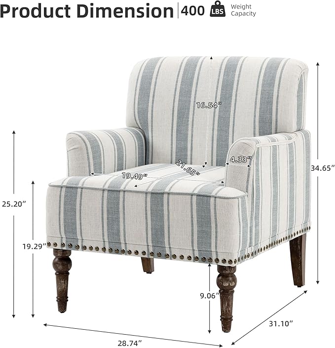 Accent Chair Stripe Armchair for Small Space Comfy Upholstered Club Arm Chair in Fabric Single Reading Chair for Living Room Bedroom Office(Blue Stripe)