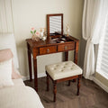 Makeup Vanity Desk Set with Flip Top Mirror 31.5 Wooden Vanity Table with Mirror Compact Dressing Table with 2 Drawers &amp 7 Compartments Writing Desk with Padded Stool for Bedroom Cherry+Beige