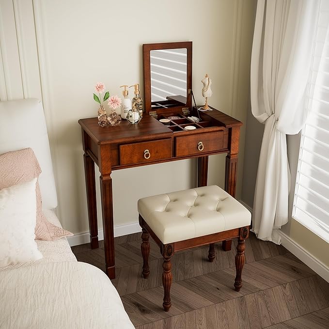 Makeup Vanity Desk Set with Flip Top Mirror 31.5 Wooden Vanity Table with Mirror Compact Dressing Table with 2 Drawers &amp 7 Compartments Writing Desk with Padded Stool for Bedroom Cherry+Beige