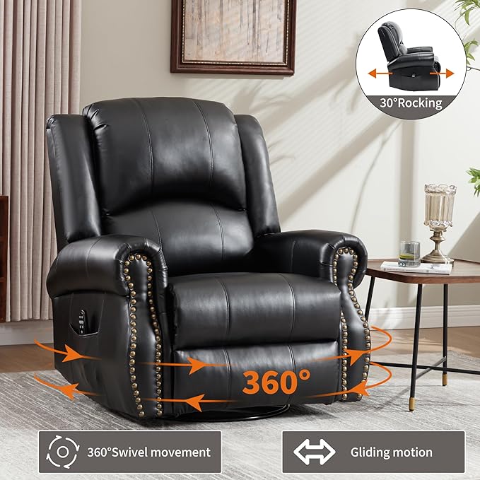 PELUMY Breathable Leather Swivel Rocking Recliner Chair for Adults 360° Swivel Glider Rocker with Heat &amp Vibrating Massage Lounge Chair for Living Room Bedroom Nursery (Black)