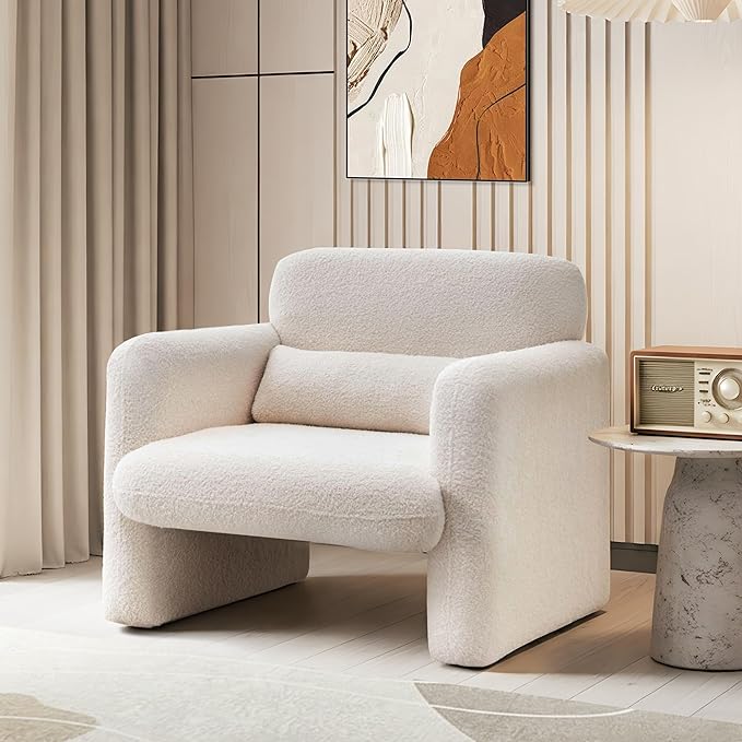 33.86 Accent Chairs Modern Sherpa Fabric Armed Chair Comfy Upholstered Armchair Leisure Single Sofa Chair with a Waist Pillow for Bedroom Office and Living Room