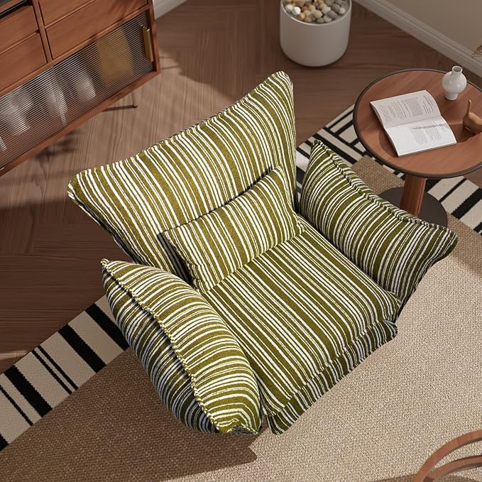 Chenille Accent Chair with Lumbar Pillow Green Stripe Wide Armrests Deep Seat 7 Inch High-Density Foam 350 lbs Capacity
