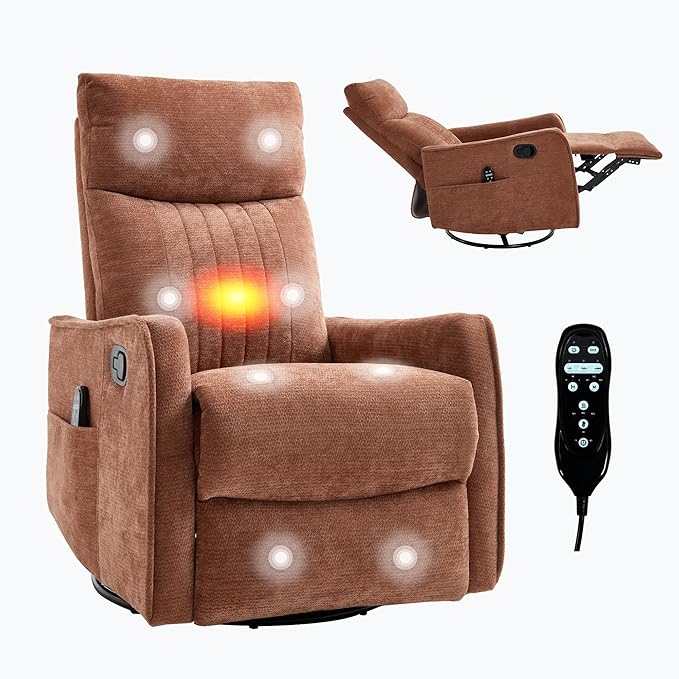 Casaphoria 360° Swivel Rocking Recliner Chair with Heat and Massage Upholstered Fabric Nursery Glider with Side Pocket for Living RoomBedroomHome Theater and RV Small Space(Orange)