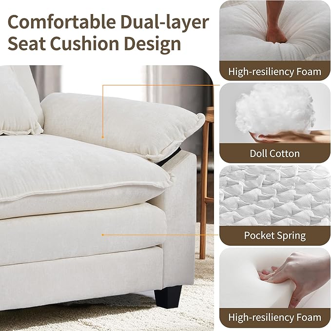 SweetGO corporation 45 Chenille Lounge Chair for Reading Modern Couch Cozy Sofa Bed Upholstered Living Room Single Sofa Accent Chair with Ottoman Beige