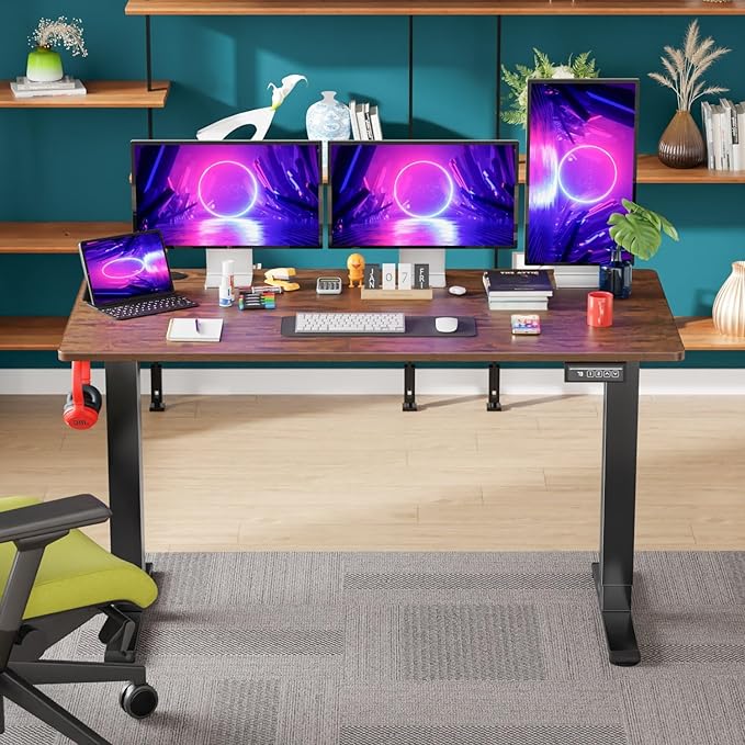 PayLessHere 55 Inch Electric Standing Desk Sit Stand up Desk Home Office Desk with Large Space Headphone Holder 2 Memory Function for HomeOfficeMeeting Room (Brown)