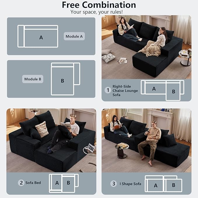 107.5 Cloud Sectional Couch with L-Shape Chaise Corduroy Boneless Couch for Living Room Modern Memory Foam Sofa with Deep SeatNo Assembly Required(Jet Black-Right Facing Chaise)