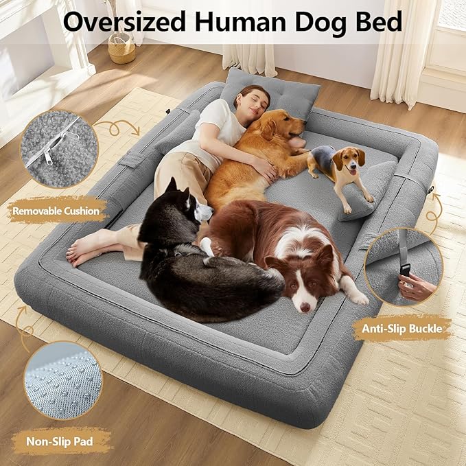 78.7'' Folding Sleeper Sofa 3 in 1 Folding Sofa Bed Teddy Couch Upholstered Deep Seat Bean Bag Lounge Recliner Oversized Human Dog Bed for Living Room Playroom Bedroom (Gray)