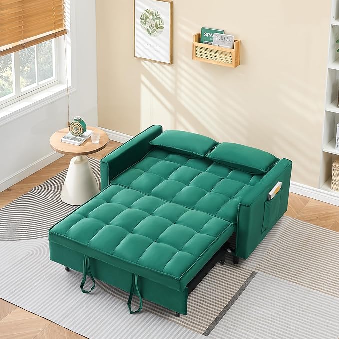 55 Modern Velvet Loveseat Sleeper Sofa 3-in-1 Convertible Pull-Out Bed with Adjustable Backrest 2 Pillows &amp Side Pockets Small Pull Out Couch for Living Room Apartment(Green)