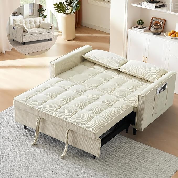 3 In 1 Corduroy Convertible Sofa BedPull Out Couch Bed with Reclining Backrest And 2 Pillows 54 Full Size Loveseat Sleeper Sofa Futon Couch Bed Couches For Small Spaces Living Room (Beige)