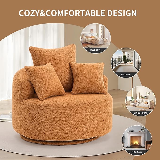 40” Orange Round Swivel Chair with 3 Pillows &amp Thick Cushion Oversized 360° Swivel Accent Chair Modern Boucle Armchair for Nursery Living Room Bedroom Club