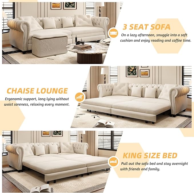 KEIKI 3-in-1 Velvet Chesterfield Sofa Bed with Ottoman Convertible King Size Sleeper Couch Rolled Arm Design Comfortable 3-Seater for Living Room or Bedroom Beige