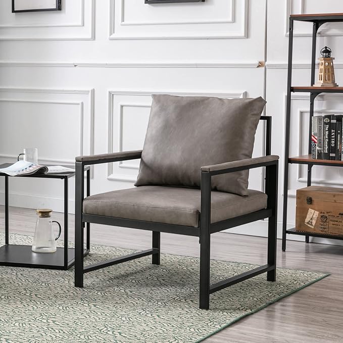 Generic FurnitureModern Faux Leather Accent Chair with Black Powder Coated Metal Frame Single Sofa for Living Room Bedroom Gray Grey