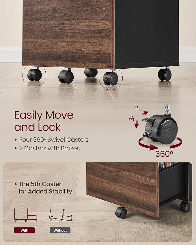 VASAGLE 2-Drawer File Cabinet Small Rolling Filing Cabinet for Home Office Printer Stand for A4 Letter-Size Documents 15.7 x 16.5 x 27.6 Inches Natural Walnut and Ink Black UOFC040K01