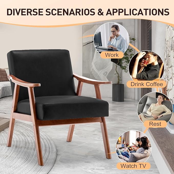 Mid-Century Modern Chair with Solid Wood Frame Extra-Thick Backrest Ideal for Living Room