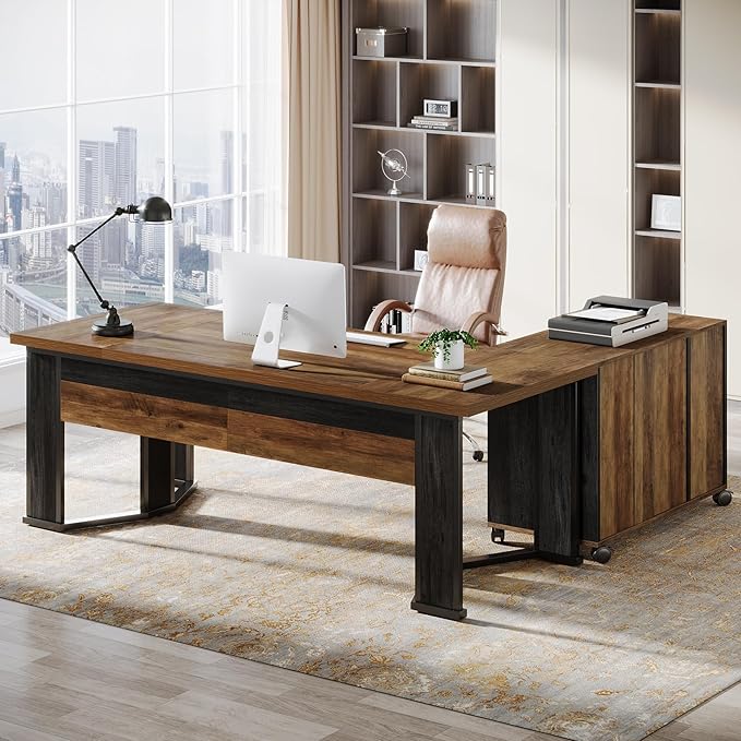Tribesigns 70.86 Executive Desk with Mobile File Cabinet Large L Shaped Computer Office Desk with 2 Drawers and Storage Shelves Business Furniture Desk Workstation for Home Office (Rustic Brown)