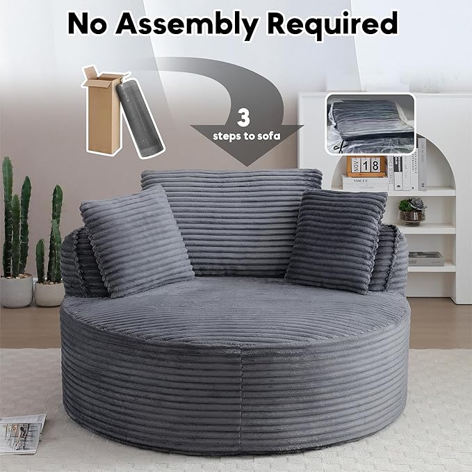 Oversized Round Chair Lounge Chaise Indoor 53.5 Corduroy Boneless Round Chair Fluffy Single Deep Seat Cloud Sofa Chairs Modern Circle Chaise Lounge for Bedroom Living Room Dark Grey