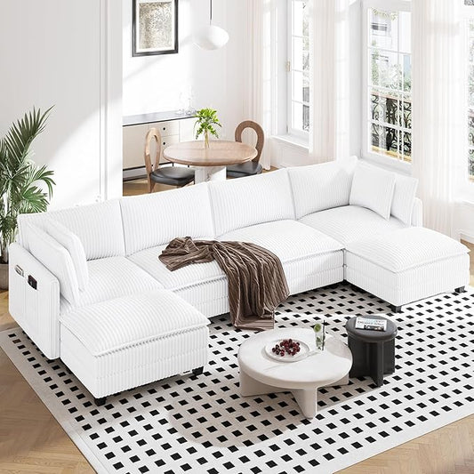 Vesgantti 143 U Shaped Sectional Modular Couch Comfy Corduroy Upholstered Modular Cloud Sofas for Living Room Modern Sectional Sofa with 2 Ottoman Deep Seat Warm White