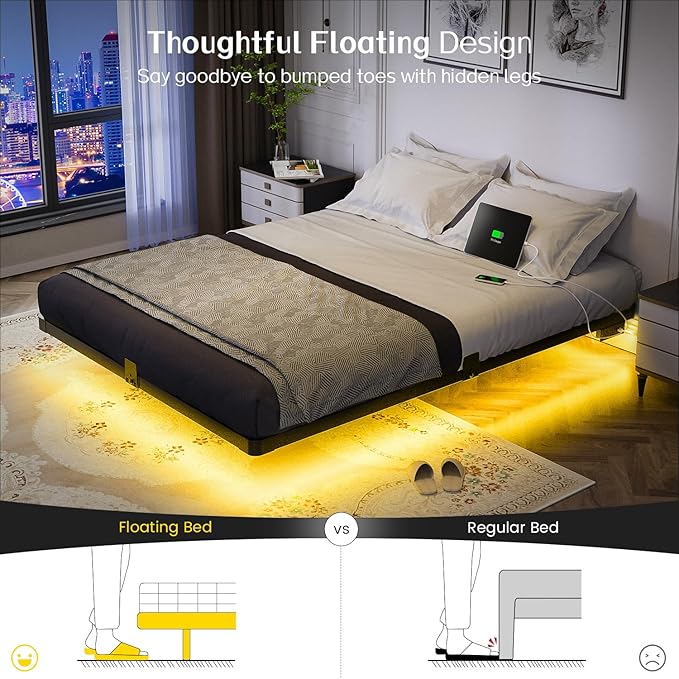 OLEVS Floating Bed Frame Queen Size with Smart LED Lights and Charging Station - Modern Metal Platform Bed Easy Assembly No Box Spring Needed
