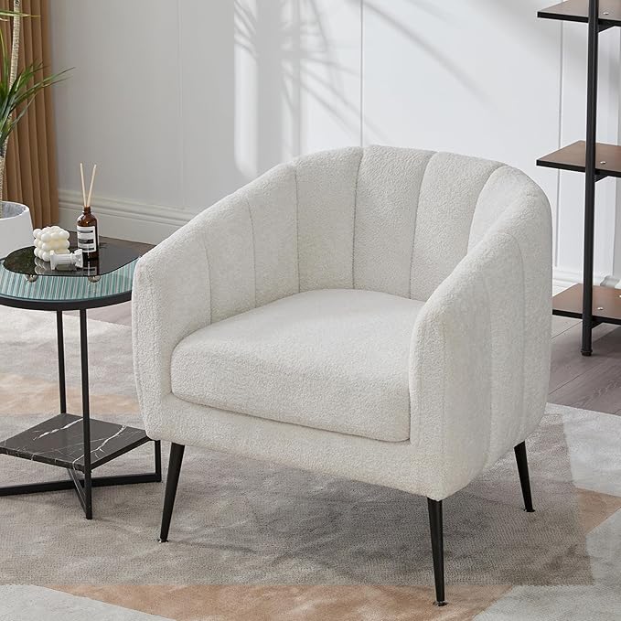 29.9 Chenille Upholstered Barrel Accent Chairs for Living RoomMid Century Modern Fuzzy Round Armchair with Metal LegsChannel Tufted Club Chair with Scoop Arms (Chenille Ivory Armchair)