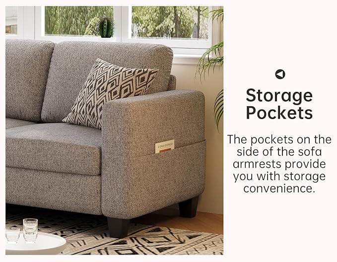Sectional Sofas Couches for Living Room 3 Seater L Shaped Couch with Storage Ottoman 78 Modern Linen Fabric Brown Sofa for Apartment Studio Office Small Space