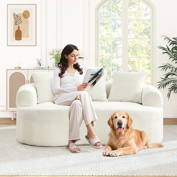 60 Curved Sectional Sofa for Small Spaces - Plush Chenille Modern Cloud Loveseat with Pocket Springs &amp Memory Foam Boneless Floor Couch for Living Room 27.6 Extra Deep Seat No Assembly (Beige