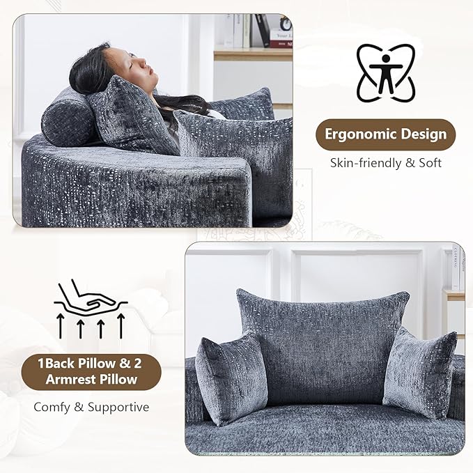 55''W Oversized Round Chair with PillowsComfy Chenille Single ChairOversized Accent Chair with Deep Seat Modern Large Reading Chairs for Living Room &amp Bedroom (Grey)