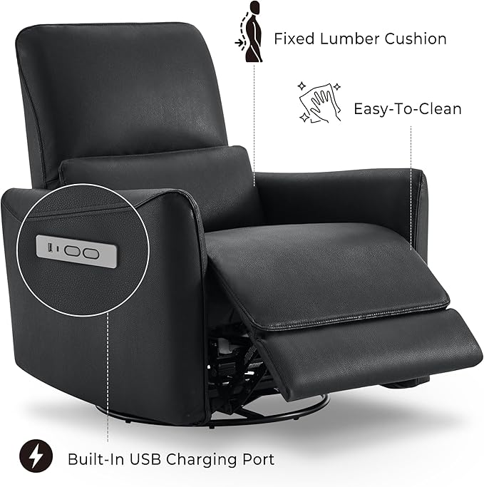CHITA Power Recliner Chair Swivel Glider FSC Certified Upholstered Faux Leather Living Room Nursery Reclining Sofa Chair with Lumbar Support Black
