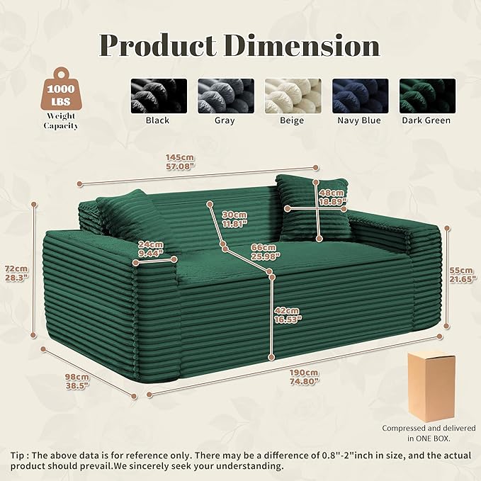 75 Cloud Loveseat Sofa 26 Deep Seat Boneless Couches for Living Room Modern 3 Seater Sofa with Throw Pillows Corduroy Compression Sofa in Box No Assembly Couch for Bedroom Dorm Dark Green