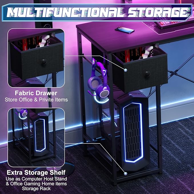 X-cosrack 33.5 Small Gaming Desk with LED Lights &amp Power Outlets Compact Computer Desk with Monitor Stand &amp CPU Stand Gamer Table with Storage Drawer Side Hooks for Home Office Bedroom B
