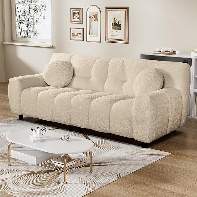 Modern Boucle Sofa Couch Comfy Deep Seat Teddy Cloud Couch 72.8 Upholstered Cozy Sherpa 2 Seater Couches with Pillows Oversized Loveseat Sofa for Living Room Apartment Light Brown