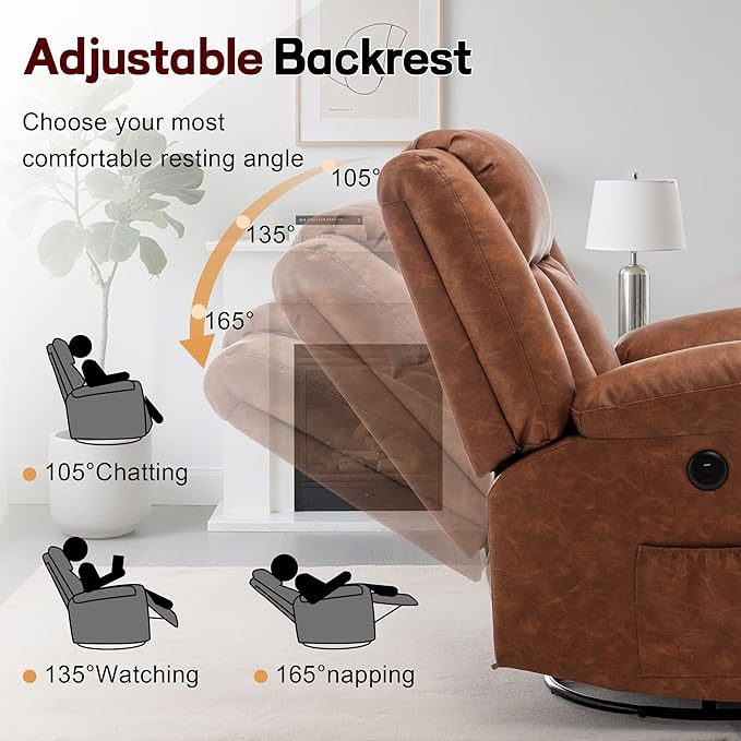 Rocker Recliner Glider Recliner Chairs for Adults 360° Swivel Rocking Chair with Massage and Heating Nursery Chair with Storage and USB Charging for Living Room Bedroom Nursery
