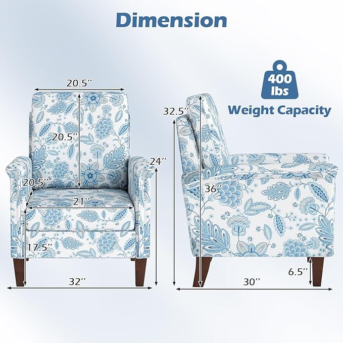 GOFLAME Floral Accent Chairs Set of 2 Comfy Upholstered Armchairs with Rubber Wood Legs and Thick Padded Cushion High Back Single Sofa Chairs Reading Side Chairs for Living Room Bedroom Blue