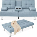 Best Choice Products Linen Modern Folding Futon Reclining Sofa Bed for Apartment Dorm w/Removable Armrests 2 Cupholders - Light Blue