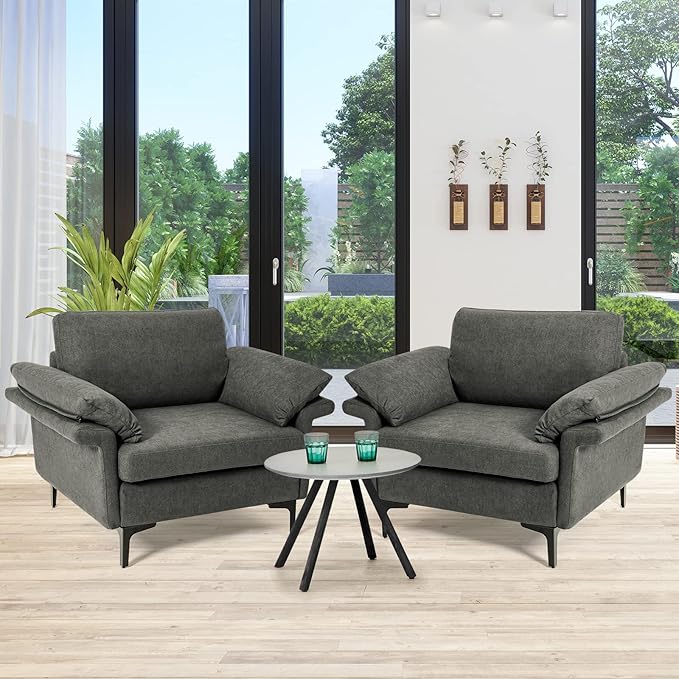 Giantex Set of 2 Single Sofa Accent Chair with 5 Inch Comfy Cushion Zippered Armrests Steel Legs Living Room Armchair Upholstered Leisure Chair for Bedroom Reception Room Grey