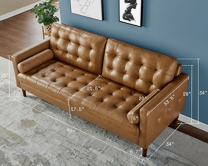AMERLIFE Leather Sofa Mid-Century Modern Genuine Leather Sofa 3 Seater Comfy Couch for Living Room Home Office -Brown Leather Sofa Couch