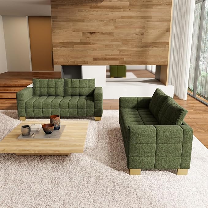 81.89 Sofa Comfy 3 Seat Sofa Tufted Chenille Upholstered Sofa Couch for Living Room with Gold Metal Legs and 2 Throw Pillows (Green（3+3）)