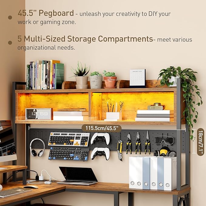 75inch L Shaped Computer Desk with Drawers Large Gaming Desk with LED Light &amp Power Outlets Corner Computer Desk with Storage Shelves &amp Monitor Stand for Home OfficeRustic Brown and Black