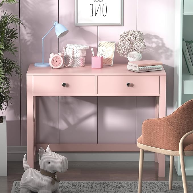 WiberWi Home Office Desk with Drawers Modern Writing Computer Desk for Bedroom Small Pink Makeup Vanity Table for Girls Study Table for Home Office