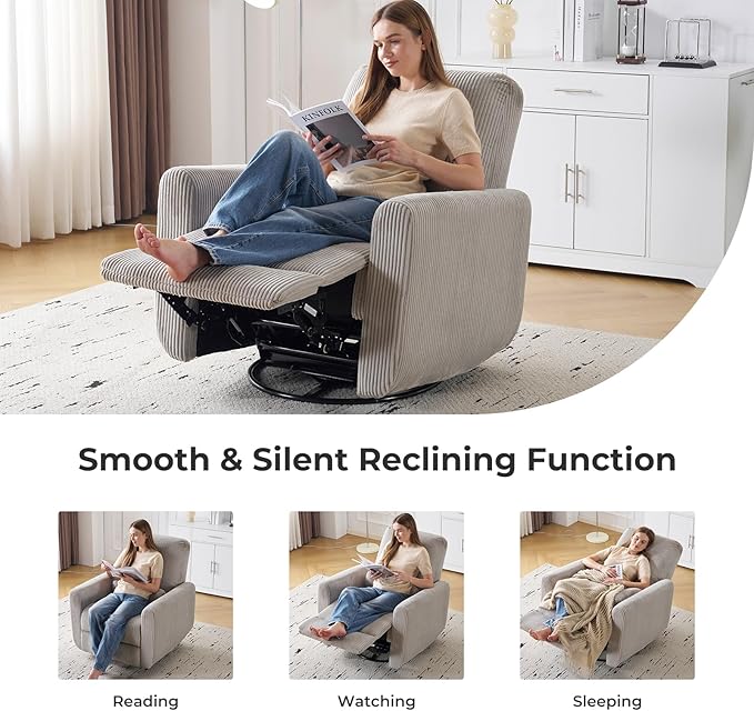 360° Swivel Glider Recliner Chair Oversized Rocker Recliner with Heating and Massage Glider Chair for Nursery with Pillow24 Extra Wide Rocking Chair for Living Room Corduroy Grey