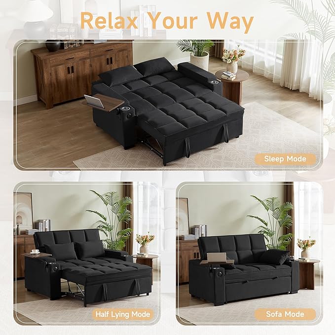 65 Sleeper Sofa Bed Loveseat Convertible Couch for Living Room RV Sofa with Adjustable Backrest Chaise Lounge Side Table USB &amp Type-C Ports