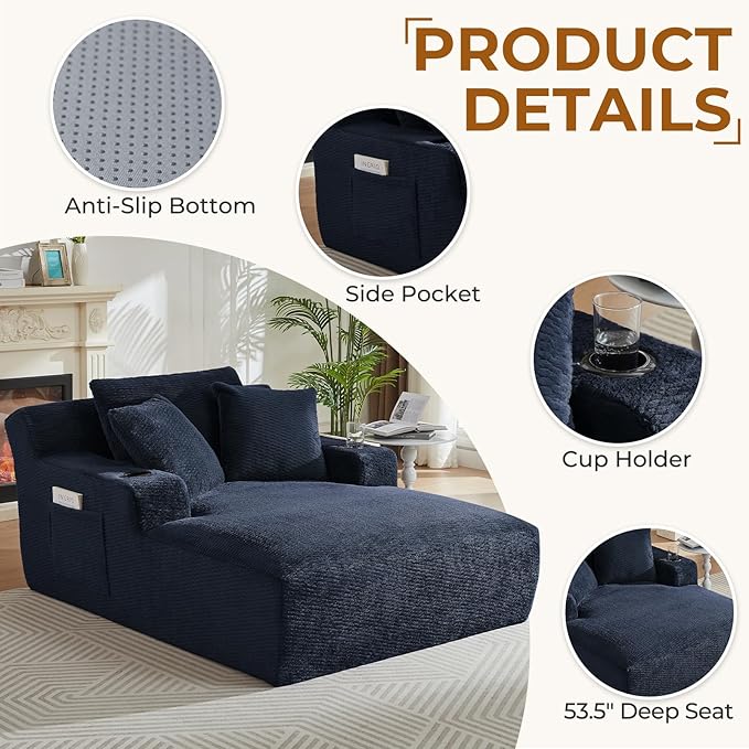 Avenix 66 Boneless Oversized Chaise Lounge Chair Indoor Boneless Chaise Lounge Chairs Cloud Sleeper Sofa Couch Bed with 3 Pillows for Living Room Fluffy Boneless Oversized Reading Chairs Dark Blue