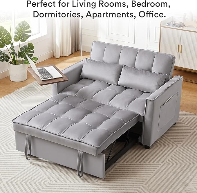 Rovibek 3 in 1 Convertible Sofa Bed Sleeper Pull Out Couch with Table Futon Loveseat Sofa Bed for Living Room with Adjustable Backrest 2 Pillows (Grey
