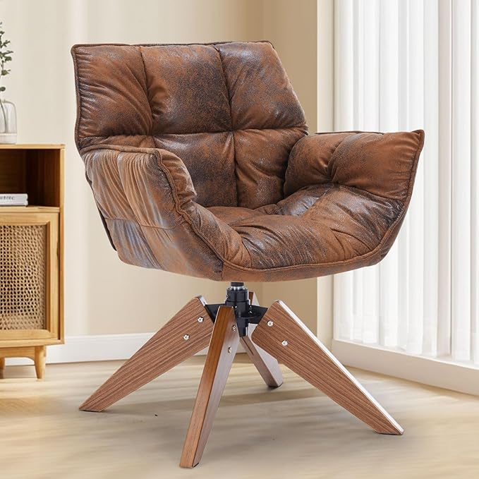 Mid Century Accent Chair Hot Stamping Cloth Desk Chair no Wheel Modern Cozy Vanity Chair Advanced &amp Wear-Resistant with Amrest Wood Legs for Living Room Reading Room Bedroom (Brown)