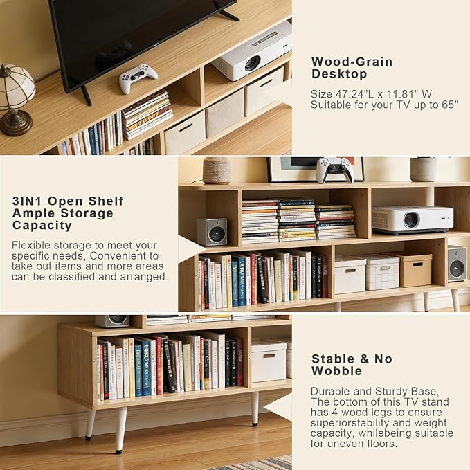 Lightdot 55 Inch TV Stand up to 65 Inch TVs Large Storage for Collection with 6 Open Shelves Sturdy Media Console Table for Living Room/Entrance/Kitchen/Sofa Cabinet Easy Assembly Walnut