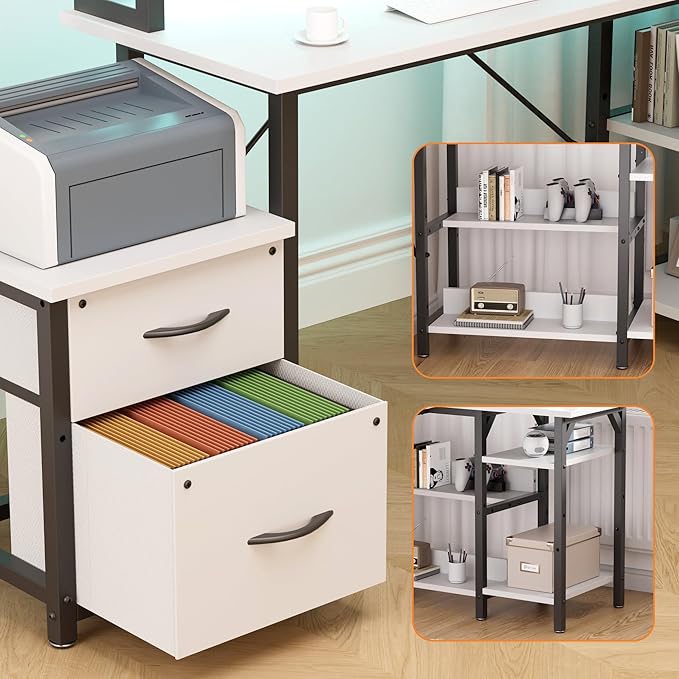 YOUNGAR Office Desk L Shape with File Drawers&ampPower Outlet 69.3 Inch Reversible L Shaped Computer DesksCorner L Shape or Long Desk Set up Monitor Stand &ampStorage ShelvesLED Lights&ampCPU S