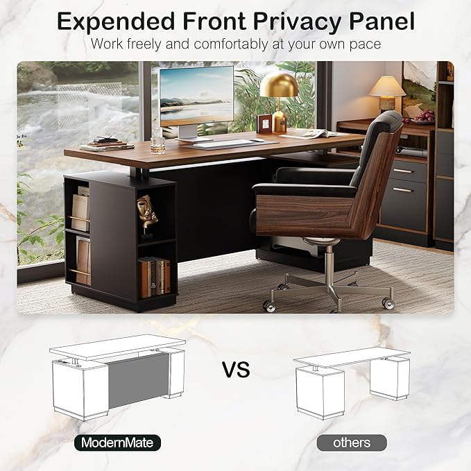 71 Standing Executive Desk with Privacy Panel Large One-Piece Electric Height Adjustable Stand Up Desk with Charging Station File Cabinet Storage Home and Office Black Walnut