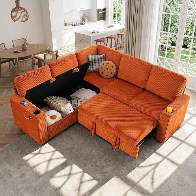 83 Sleeper Couch with Pull Out Sofa Bed 5-Seater Sectional Couches for Living Room L-Shaped Couch with Storage USB Port &amp Cup Holder Corduroy Convertible Corner Sofa for Apartment