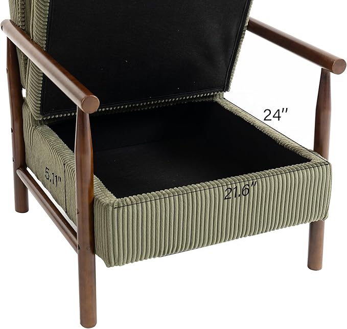 Accent Chair Comfy Modern Mid-Century Accent Chairs with Storage Corduroy Upholstered Lounge Armchair with Solid Wood Reading Side Single Sofa for Living Room/Office/Balcony/Bedroom-Green