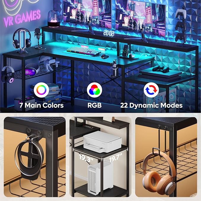 Bestier LED Gaming Desk with Power Outlets 71 inch L Shaped Computer Desk with Monitor Stand Large Desk with Printer Stand Adjustable Shelf Cup Holder &amp Hooks Home Office Desk Black