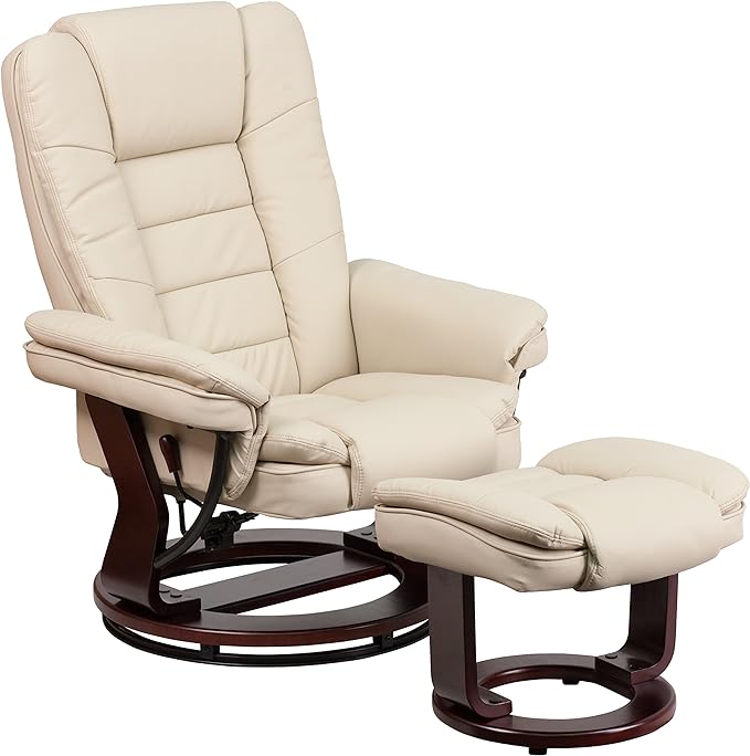 Flash Furniture Bali Contemporary Multi-Position LeatherSoft Recliner Chair with Ottoman 360-Degree Swivel Recliner Chair/Ottoman Set Beige